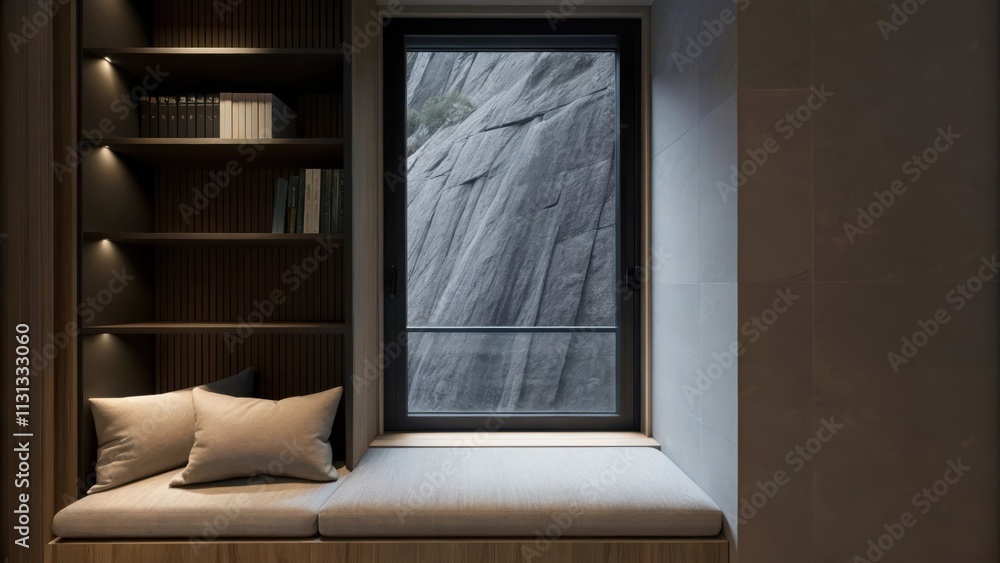 Poster An intimate reading nook adorned with plush cushions and a contemporary bookshelf is positioned next to a floortoceiling window that offers a striking vista of the jagged cliff
