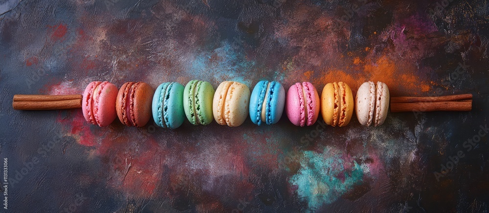 Poster colorful macaroons arranged artistically with cinnamon sticks on a vibrant textured background