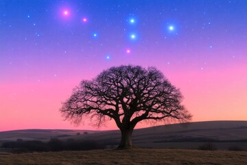 A solitary tree stands majestically under a vibrant twilight sky with stars like the Big Dipper twinkling above, evoking a sense of wonder and tranquility.
