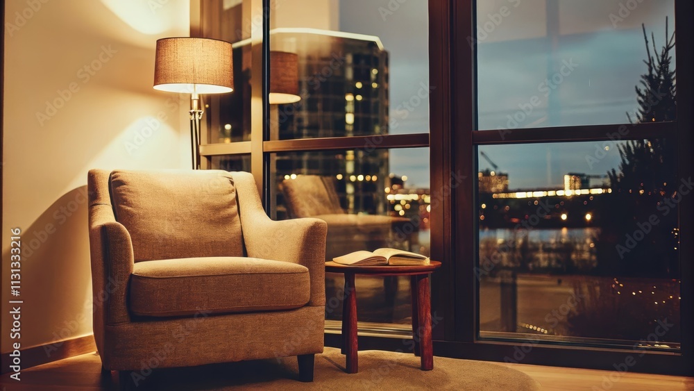Poster a cozy reading nook arranged with a plush armchair and small table positioned beside an oversized gl