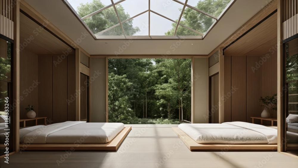Aufkleber a minimalist bedroom with a high ceiling and a large skylight that floods the space with natural lig