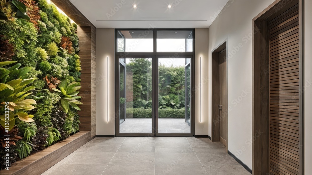 Poster an entryway welcomes guests with a tall vertical garden featuring a variety of plants while large gl