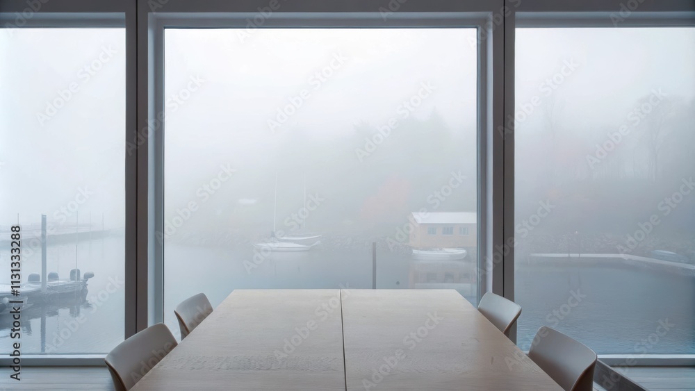 Aufkleber A minimalist dining area with a rectangular wooden table set for four surrounded by lightcolored chairs and positioned near panoramic windows framing the ethereal fog enveloping