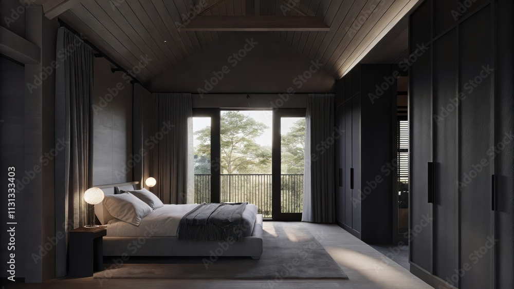 Poster A tranquil bedroom with a plush kingsize bed accented by cozy textiles and a serene color palette where large windows invite in sunlight and reveal vibrant foliage just beyond.
