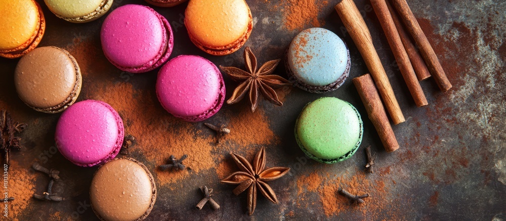 Aufkleber colorful macarons arranged on a rustic surface with cinnamon sticks and star anise for a vibrant cul