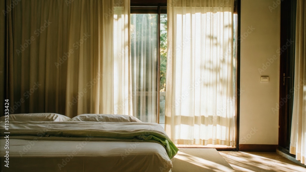 Poster A tranquil bedroom features soft linens and a lowprofile bed with sunlight filtering through curtains creating a gentle interplay of light and shadow across the room.