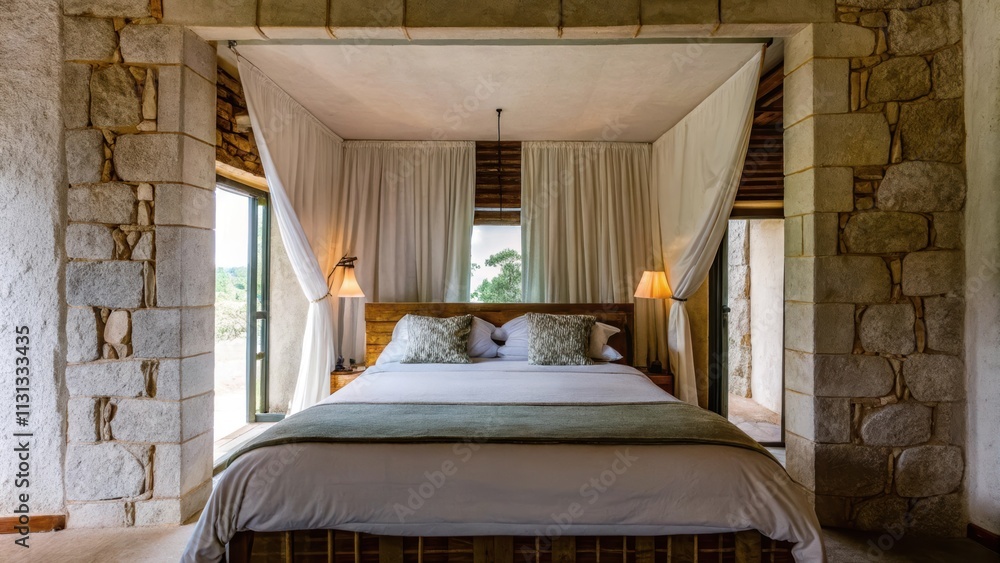 Poster a serene bedroom with a large platform bed positioned to face the waterfall view. the stone walls on