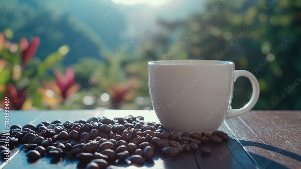 Poster close up of a white coffee cup surrounded by coffee beans on a wooden table with a serene nature bac