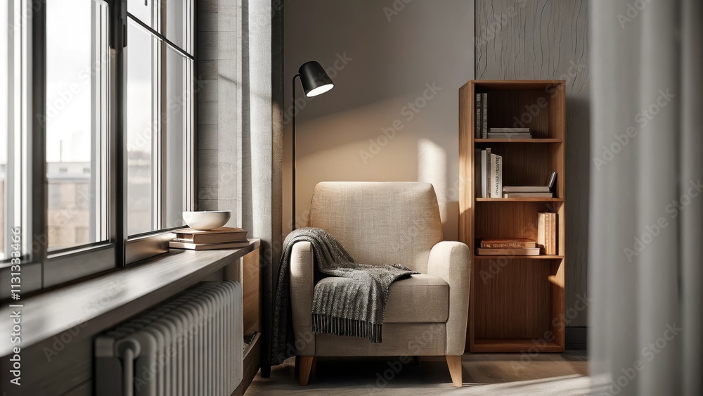 Poster An inviting reading nook tucked beside a window furnished with a soft armchair a textured throw blanket and a small wooden bookshelf all enhanced by gentle overhead lighting.