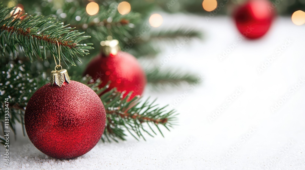 Poster Vintage Christmas tree branches with red ornaments on a snowy background creating a festive atmosphere for holiday themes.