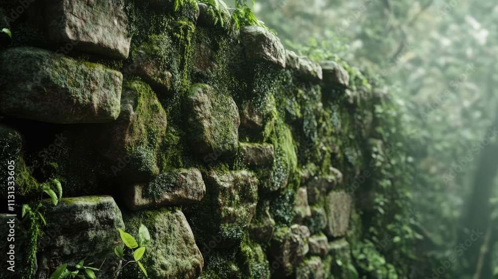Poster moss covered stone wall in a lush green forest setting with soft natural light shining through the f