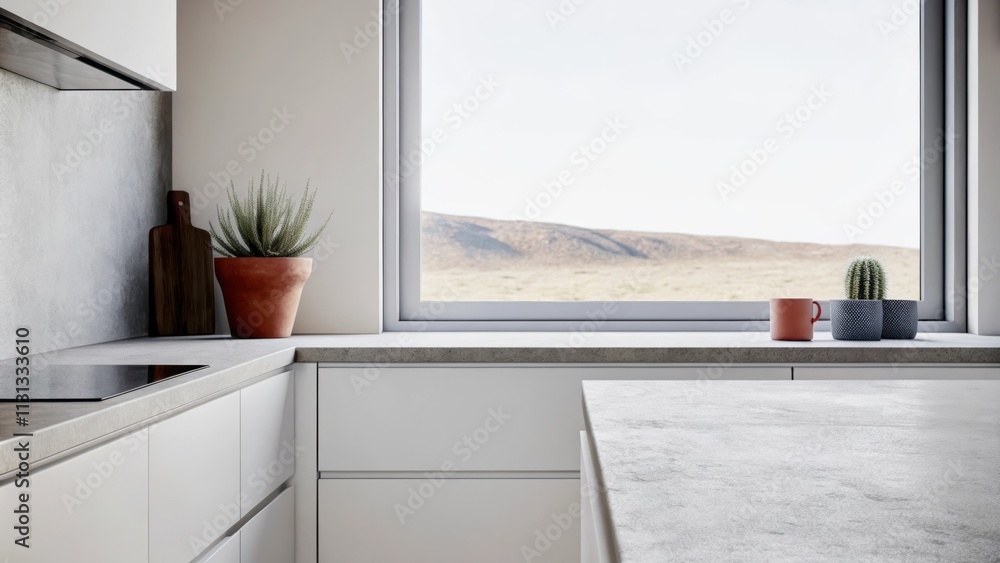 Poster A modern kitchen defined by sleek white cabinetry and a countertop made of smooth concrete. A single succulent in a terracotta pot adds a touch of green against the backdrop of