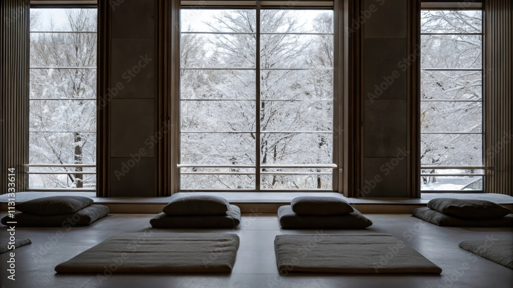 Poster A tranquil meditation space adorned with soft rugs and pillows where a window invites in the calming sight of snowladen branches enhancing the atmosphere of calm and reflection.