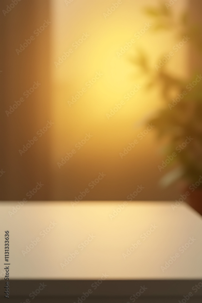 Aufkleber A minimalist table top appears empty except for a blurred golden glow in the background creating an abstract scene._00001_