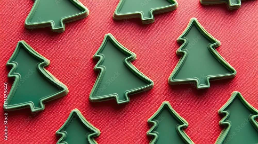 Poster christmas tree cookie cutters arranged on a festive red mat creating a holiday-themed baking scene f