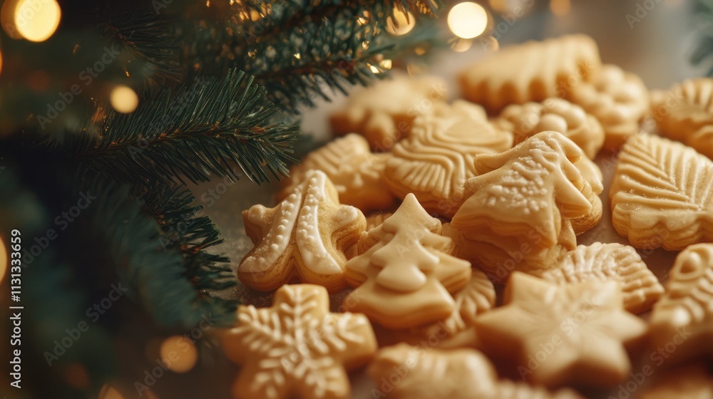 Poster selective focus on shaped cookies surrounding a christmas tree creating a festive and warm holiday a