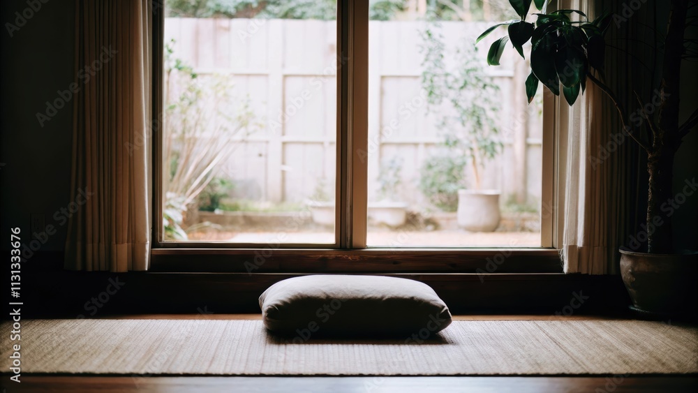 Poster a tranquil yoga corner with a cushioned mat positioned by a window where soft light spills in enhanc