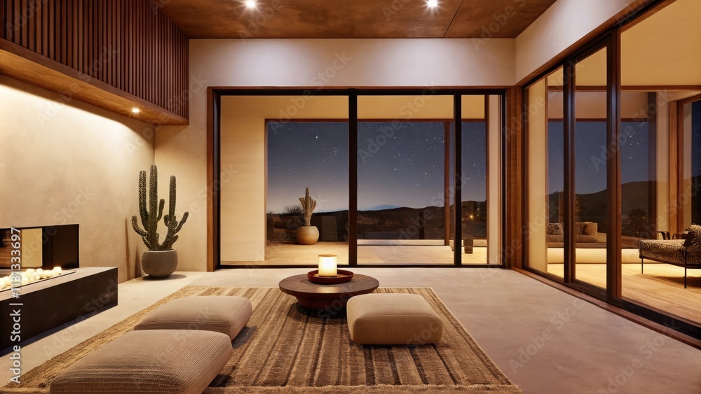 Poster A meditation space with soft cushions and a low round table. Large windows frame the expansive night sky with the silence of the desert enhancing the tranquil atmosphere.