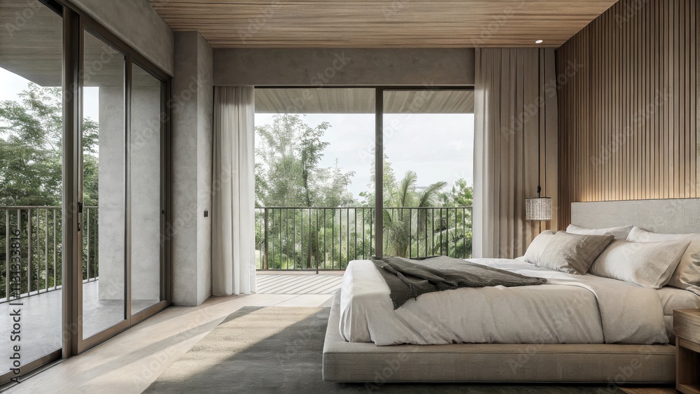 Poster an inviting bedroom designed with soft textures and muted colors complete with a private balcony tha