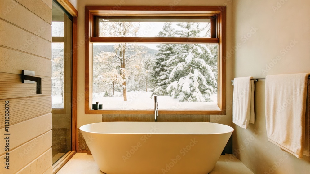 Aufkleber A bright bathroom featuring a freestanding tub with a view of the winter wonderland outside minimalist fixtures and calming neutral tones creating a serene oasis amidst the snowy