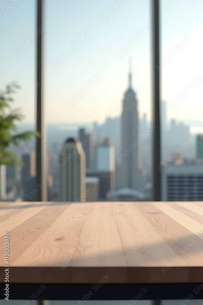 Poster a minimalist office setting features a wood table against a blurred cityscape background suitable fo