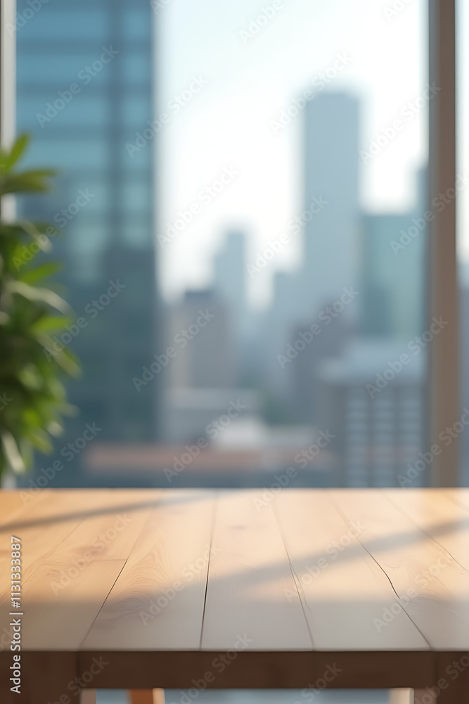 Poster A minimalist office setting features a wood table against a blurred cityscape background suitable for product displays or design visuals._00003_