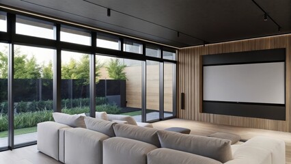 A stylish media room features a large screen embedded in an accent wall and a comfortable sectional. Surrounding floortoceiling windows offer views of the serene courtyard