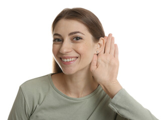Woman showing hand to ear gesture on white background