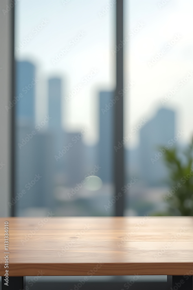 Poster A minimalist office setting features a wood table against a blurred cityscape background suitable for product displays or design visuals._00001_