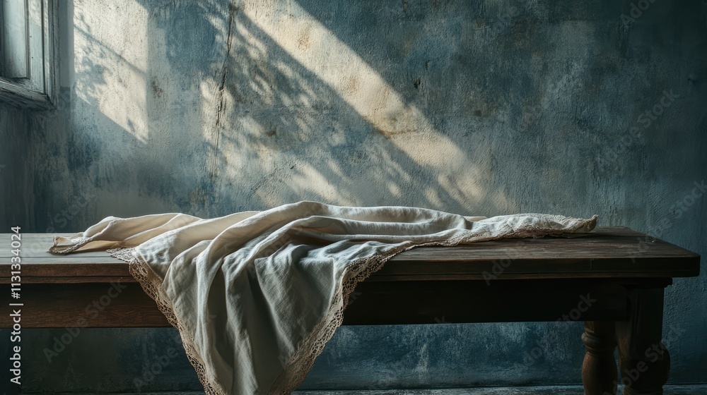 Poster elegant linen tablecloth draped on a rustic wooden table in a softly lit vintage setting with textur