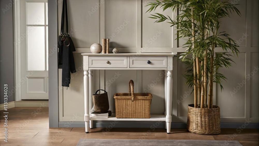 Poster an inviting entryway showcases a narrow console table with a few decorative items while a tall potte
