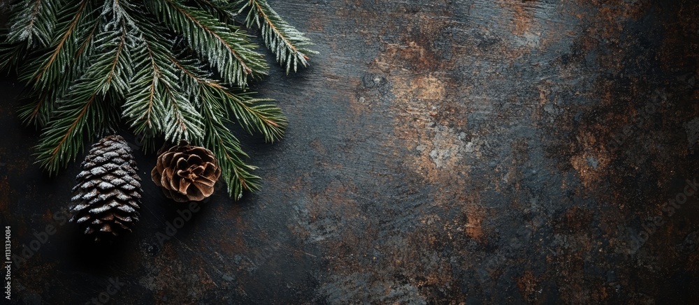 Poster christmas themed rustic backdrop featuring pine tree branches and cones on dark textured wood, perfe