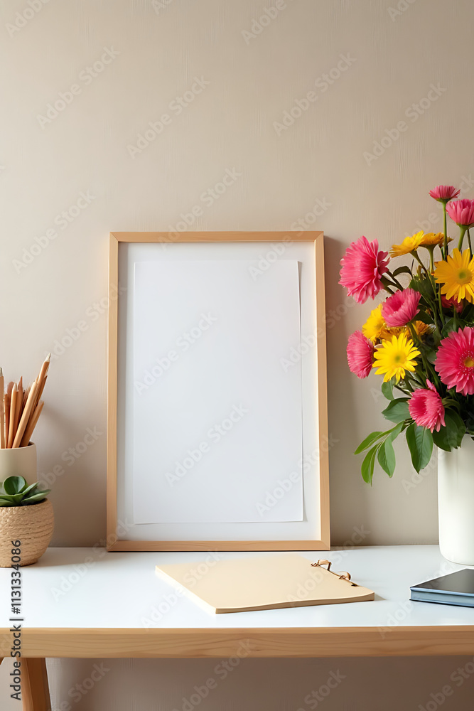 Poster a minimalist home office setup features a simple desk with a colorful flower bouquet and notepaper o
