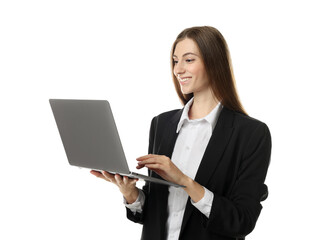 Portrait of banker with laptop on white background