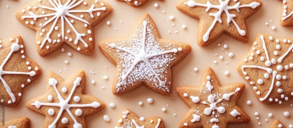 Poster homemade star-shaped gingerbread cookies decorated with powdered sugar and icing on a festive backgr