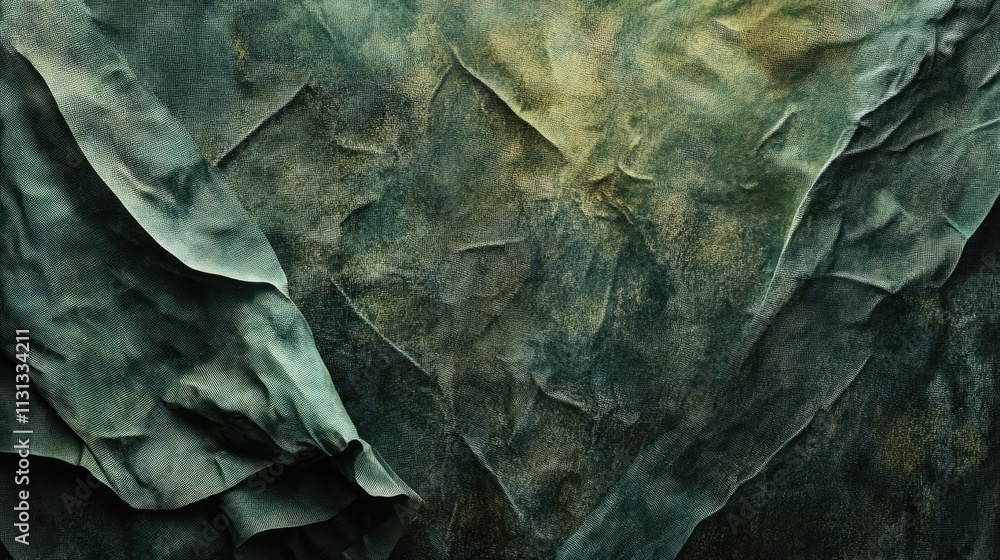 Poster textured crumpled cloth background in faded green and earthy tones for artistic and design purposes.