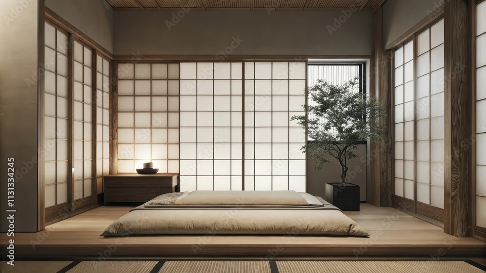 Poster a calming bedroom showcasing a platform bed with naturalfiber bedding set against a wall of shoji sc
