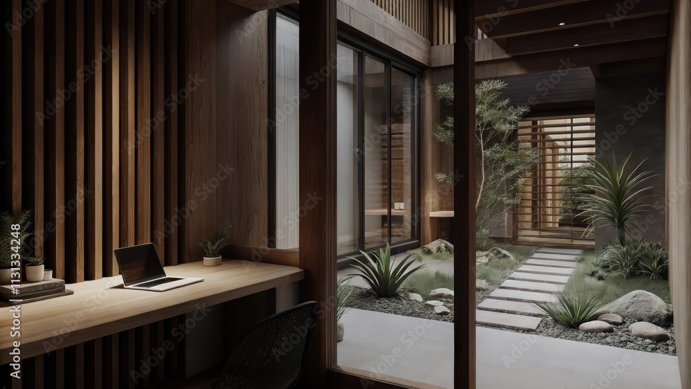 Poster An openconcept workspace featuring a sleek wooden desk with minimal clutter surrounded by natural wood accents and an indoor garden utilizing small stones and succulents that