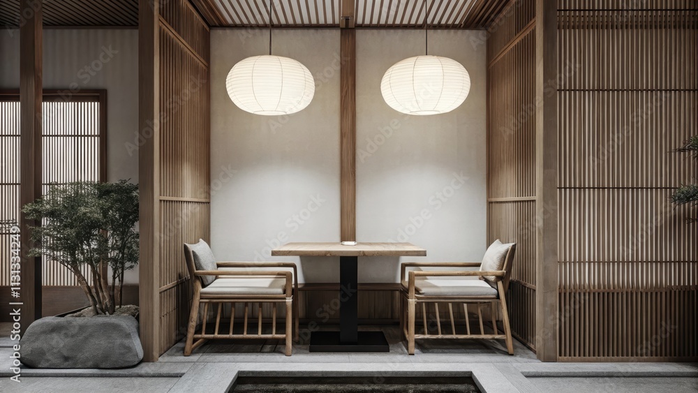 Poster A minimalist dining area where a simple wooden table is set for two complemented by bamboo seating and soft paper lanterns hanging from the ceiling with a small water feature