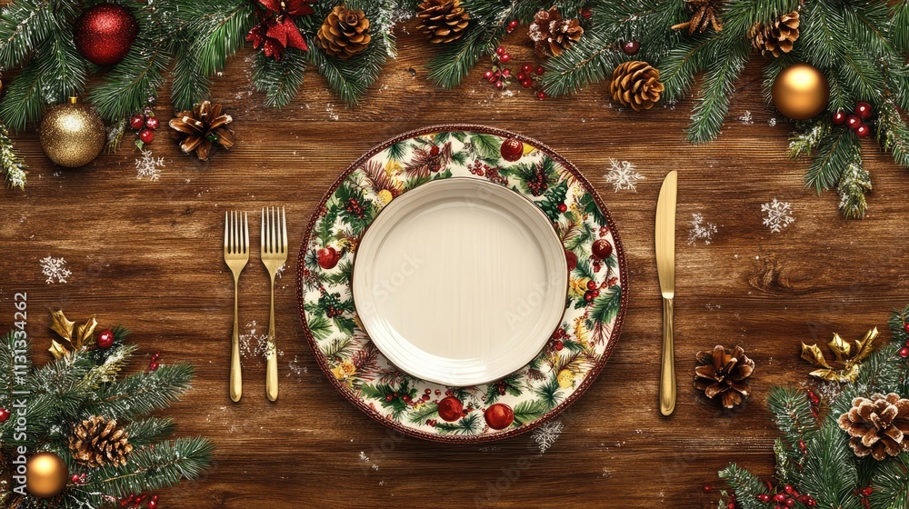 Poster elegant christmas table setting with festive decorations and cutlery on a rustic wooden surface view