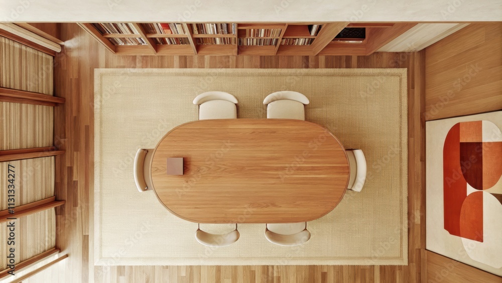 Poster A minimalist dining area showcases a sleek oval wooden table accompanied by a set of elegant highbacked chairs all atop a pale hardwood floor with a single piece of abstract art