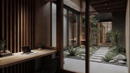 An openconcept workspace featuring a sleek wooden desk with minimal clutter surrounded by natural wood accents and an indoor garden utilizing small stones and succulents that