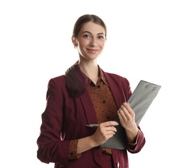 Portrait of banker with clipboard on white background