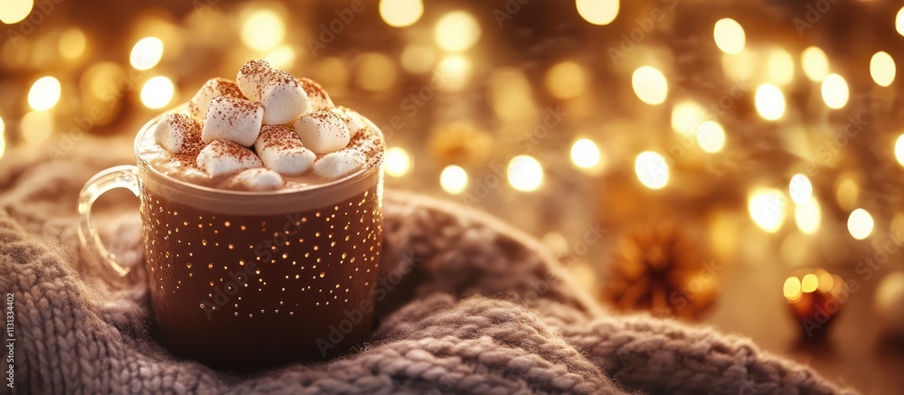 Poster cozy cocoa drink with marshmallows and cacao powder on sweater background decorated with ambient lig