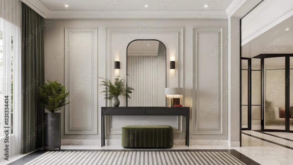 Poster A stylish entryway with a matte black console table beneath a large mirror soft ivory walls and a small bench in muted olive green decorated with a single potted plant to welcome