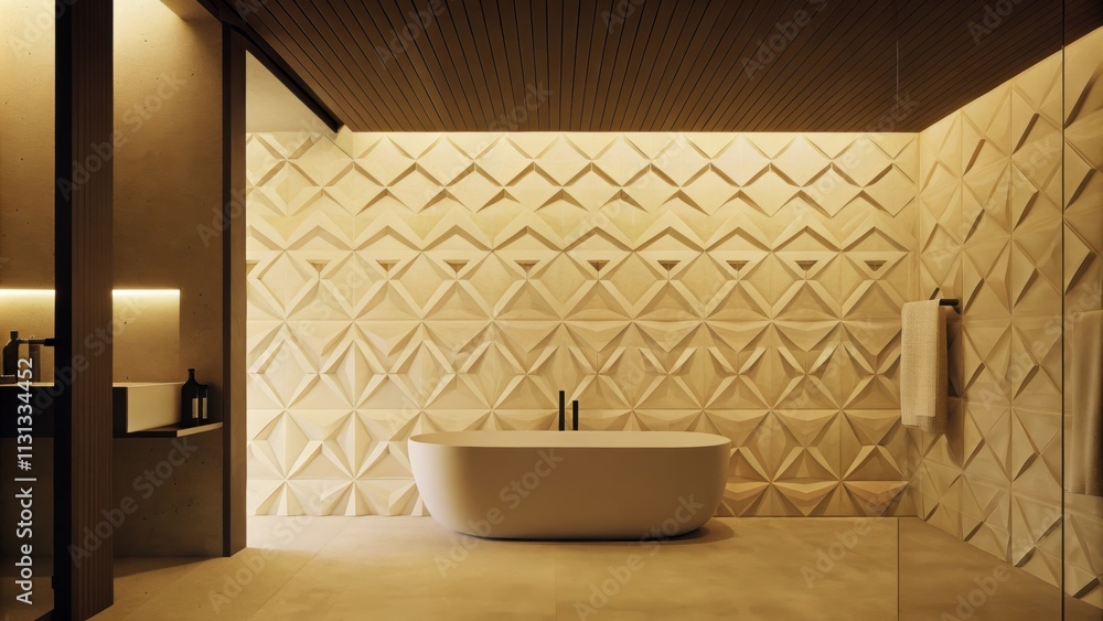 Poster A stylish bathroom presents a textured wall in offwhite with soft triangular motifs featuring a freestanding tub and minimalistic fixtures for a tranquil spalike feel.