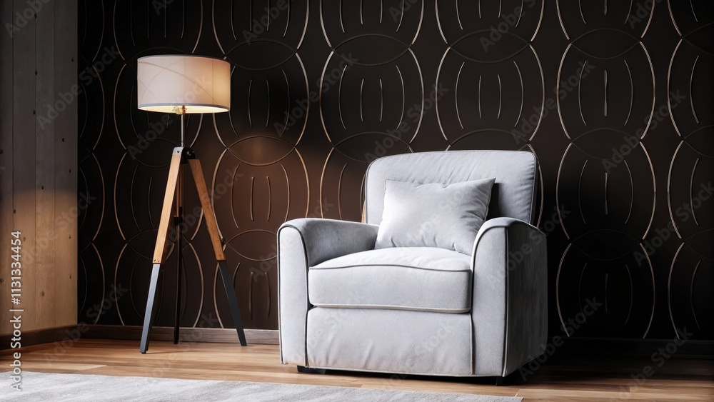 Poster A cozy reading nook is defined by a warm brown wall with subtle concentric circles enhanced by a plush armchair and a floor lamp for an inviting focal point.