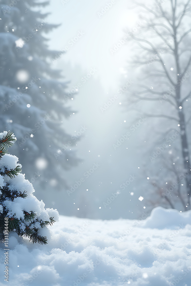 Poster a marble textured background features a serene winter scene with gentle snowflakes falling softly in