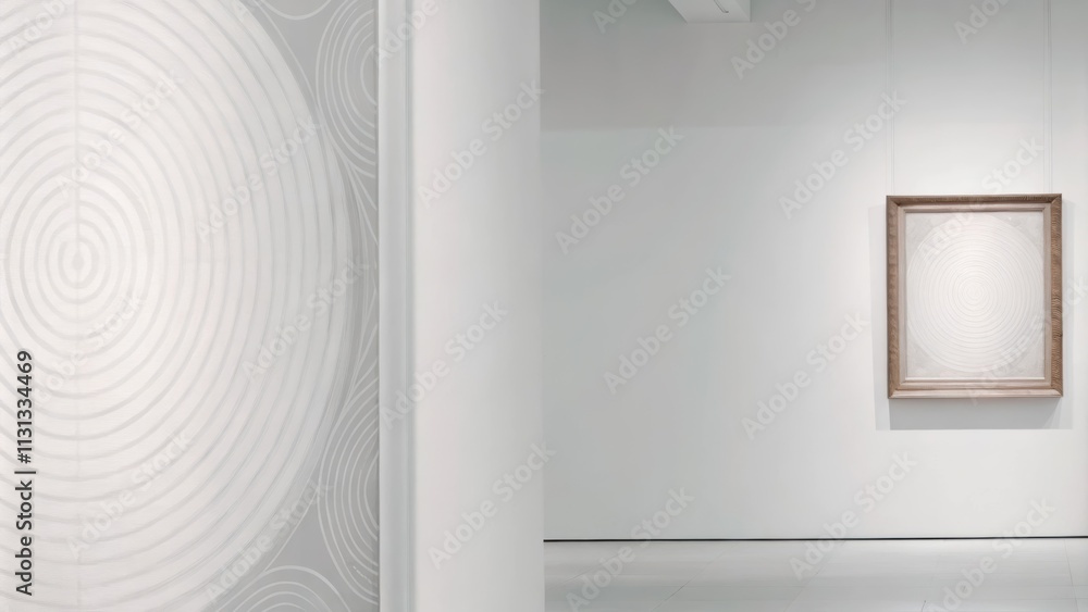 Poster a minimalist gallery features a stark white wall with faint spiraling lines creating an optical illu