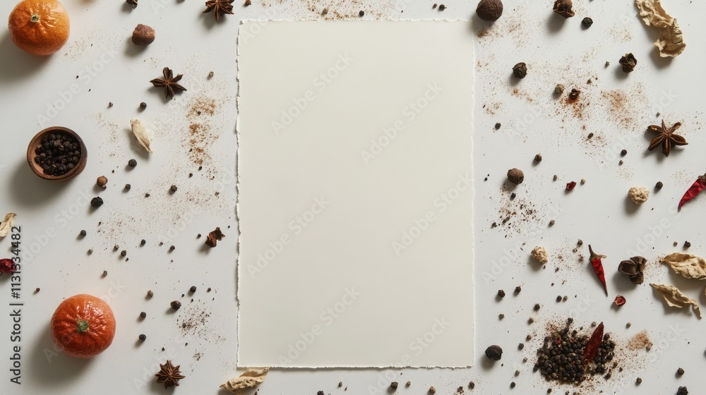 Poster spices and blank paper composition for creative culinary design on light background